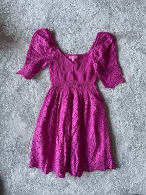 Betsey Johnson Magenta Cotton Eyelet Puff Sleeve Smocked Mini Dress